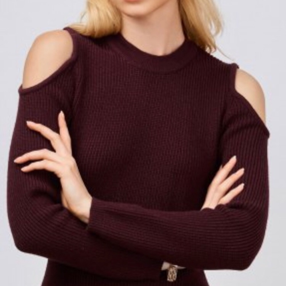 F21 maroon cold shoulder sweater